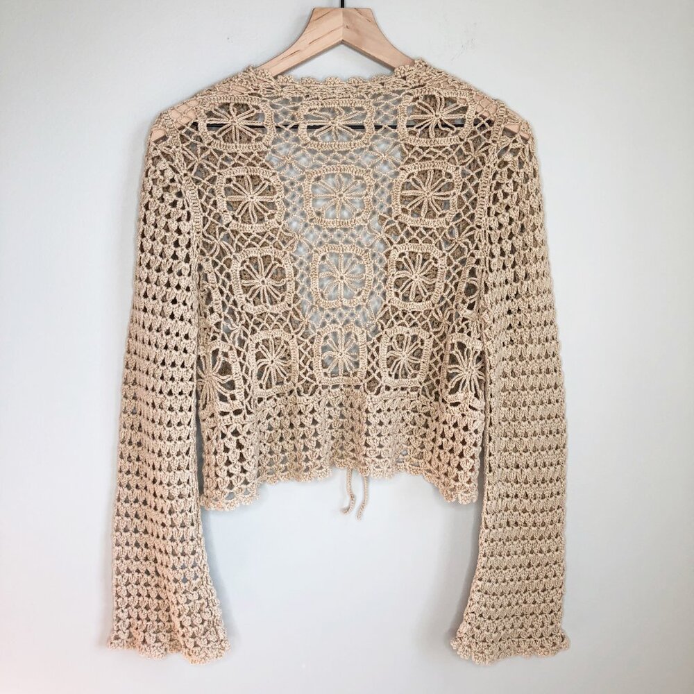 Vintage Crochet Flare Bell Sleeve Granny Square Tie Hand Knit Cardigan Shawl Top - Picture 4 of 5